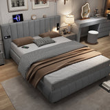 Upholstered Bed King Size 150x200cm with Stereo, USB Ports, Lighting, Electrical Plug & Soft Headboard, Grey Velvet+Iron