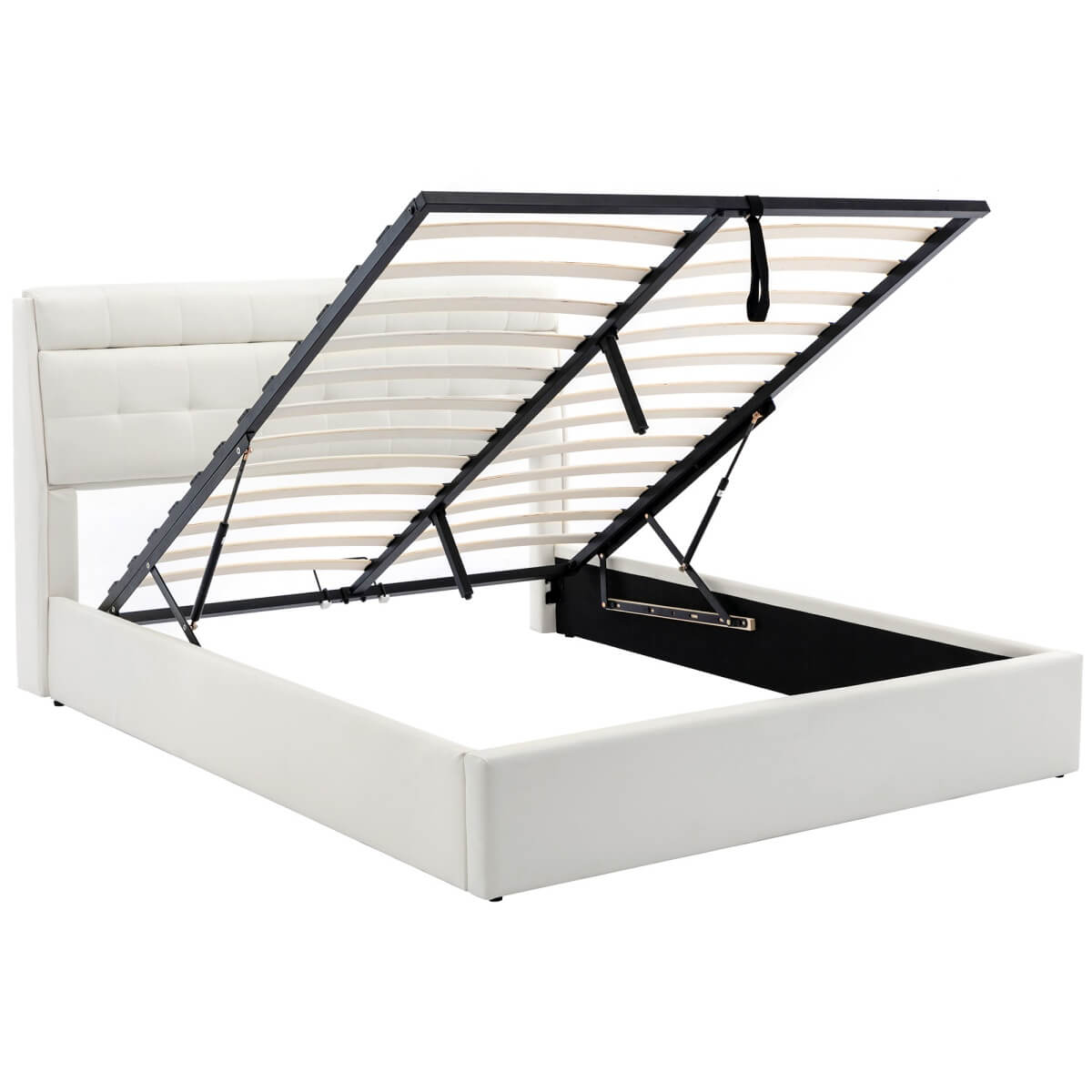 5ft King Upholstered Ottoman Bed - Hydraulic Storage Bed with Concealed Headboard Storage, Cream White