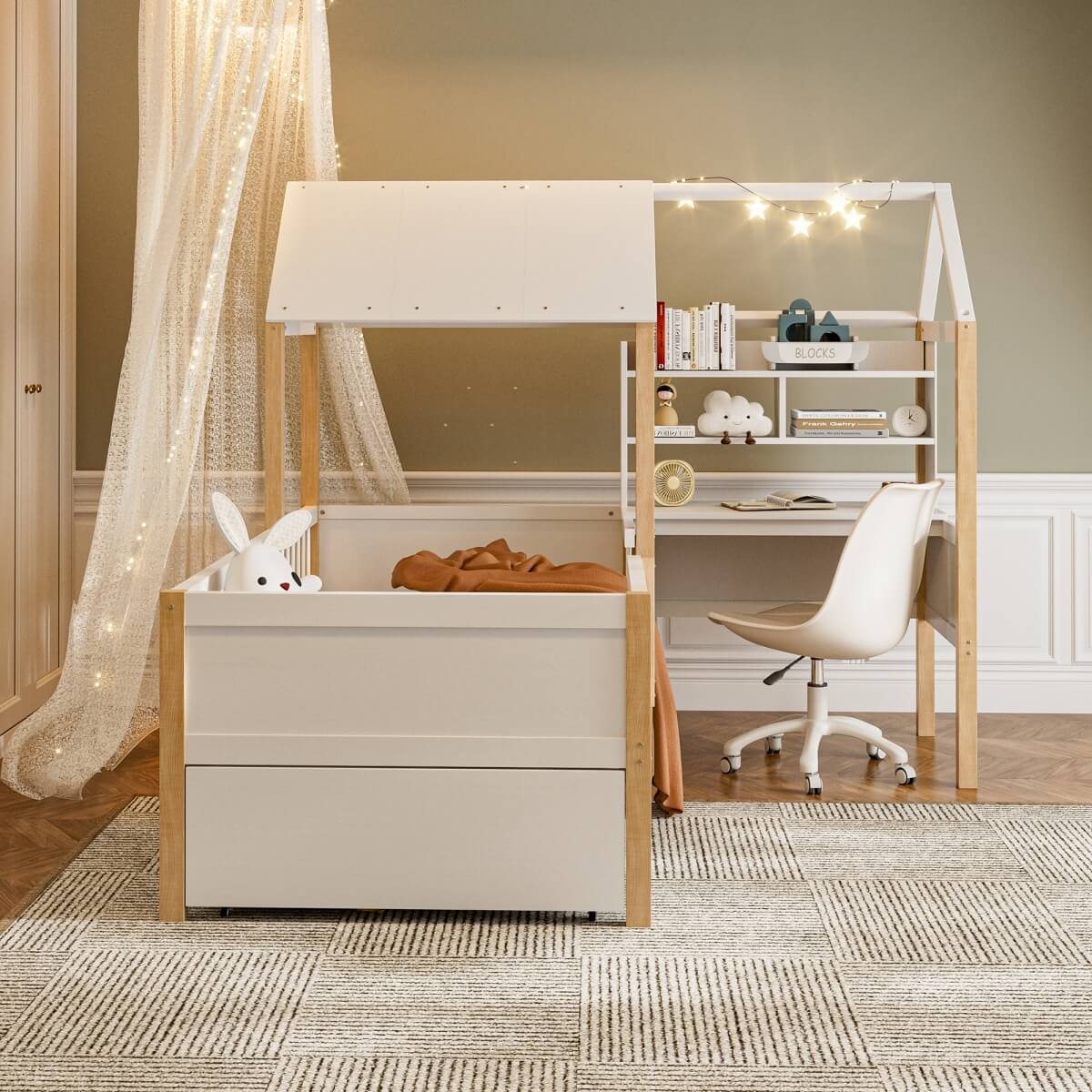 Kids House Bed with Safety Guard Rail - Solid Wood Bed Frame with L-Shaped Desk, Bookcase & Rolling Storage Drawers, White