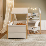 Kids House Bed with Safety Guard Rail - Solid Wood Bed Frame with L-Shaped Desk, Bookcase & Rolling Storage Drawers, White
