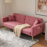 Modern Convertible Sofa Bed - Adjustable Recliner Sofa with Gold Legs and Side Storage Pockets, Pink
