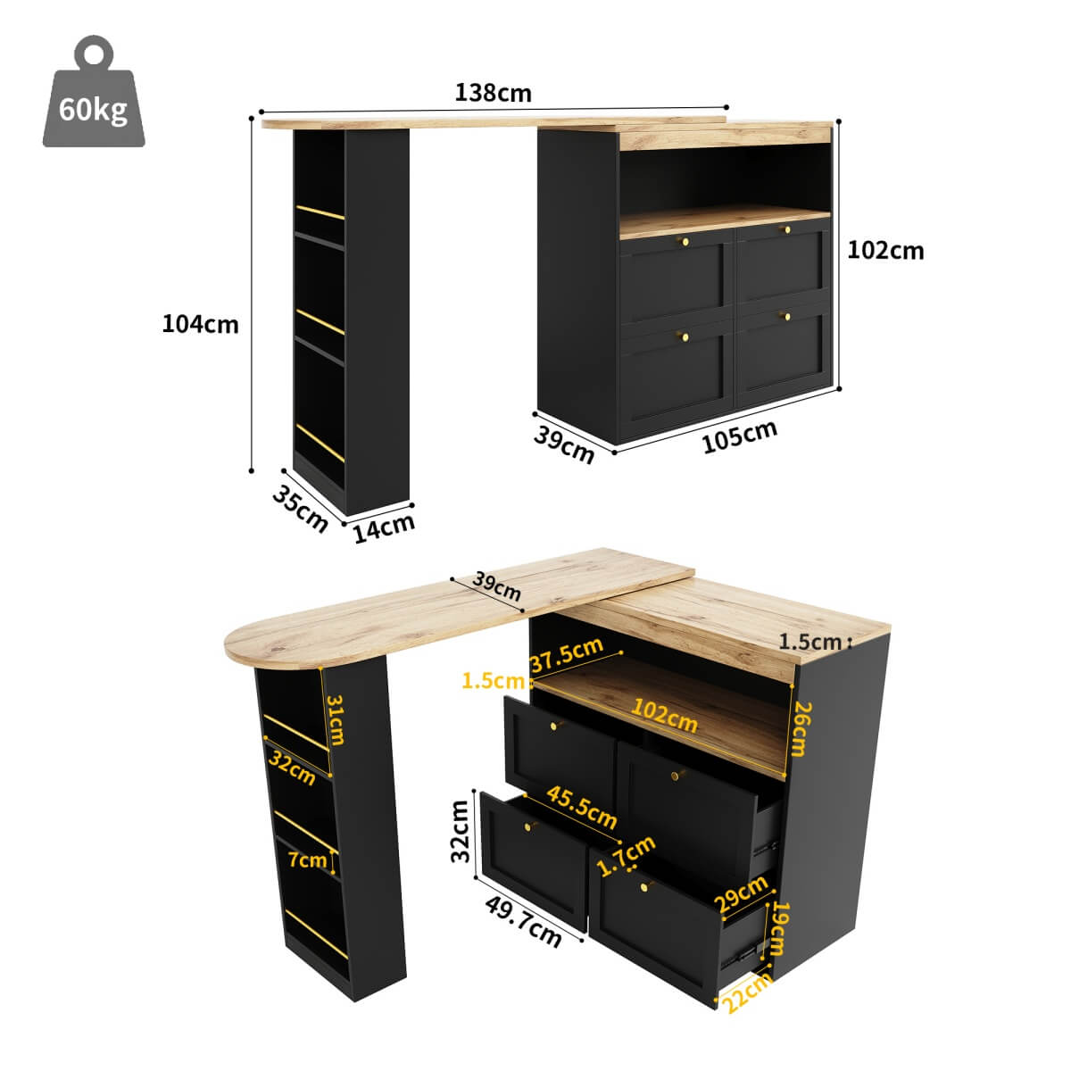 Modern Swivel Bar Table with 4 Drawers - 360-Degree Rotating Design with Open Shelves, Freestanding Dining Table