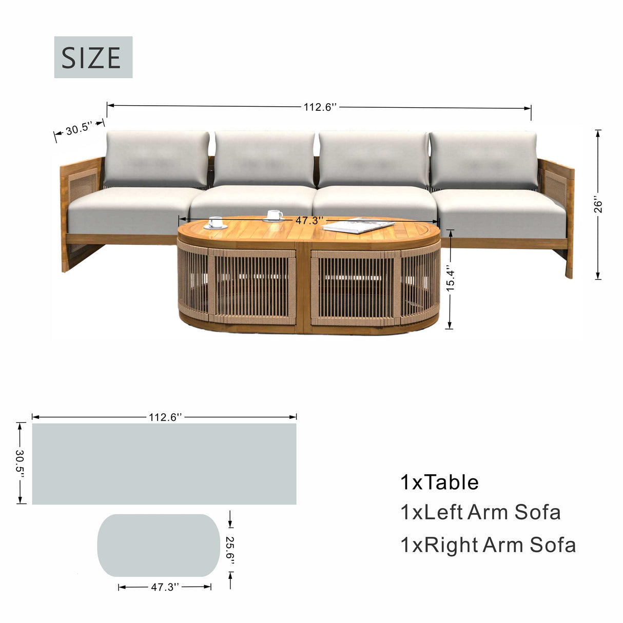Solid Acacia 4-Seater Sofa with Oval Coffee Table (PAS-2516-LS+RS+OTA)
