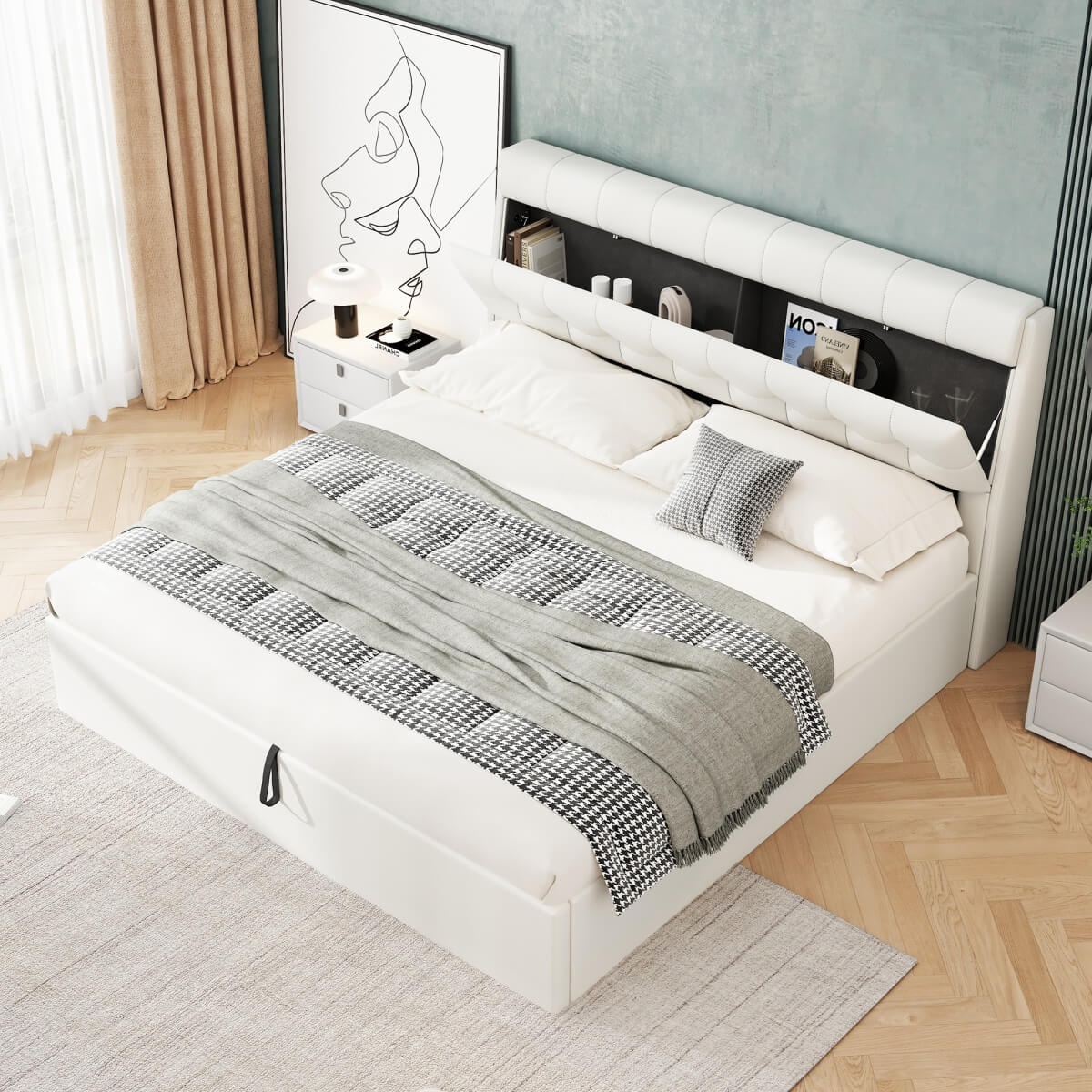 4ft6 Double Upholstered Bed – PU Hydraulic Bed with Concealed Headboard & Bed Box Storage