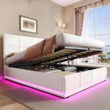 Ottoman Double Bed with LED Lighting, Hydraulic Storage, Adjustable Square Tufted Headboard, Cream White PU Leather (No Mattress)