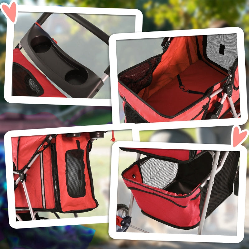 Pet Stroller, Dog Pram, Foldable Pushchair with Wheels and Zipper Entry, Red