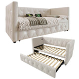 3ft Velvet Daybed with Trundle - Upholstered Sofa Bed with USB & Type-C Charging Ports, Beige