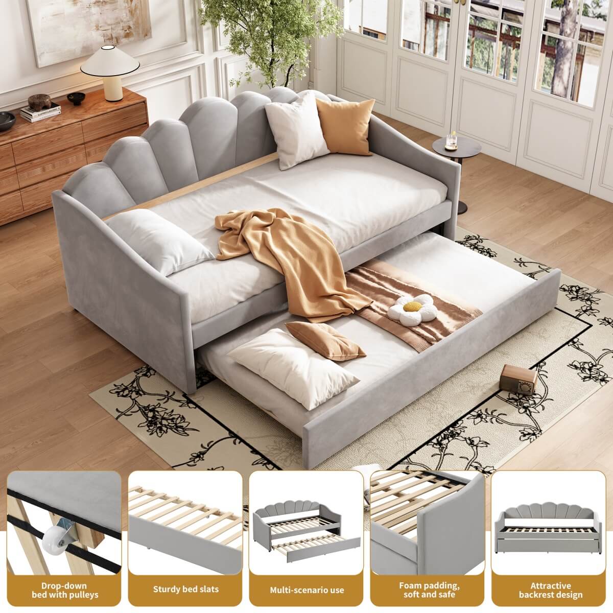 3ft Single Upholstered Day Bed - Velvet Sofa Bed with Pull-Out Trundle Bed, Grey