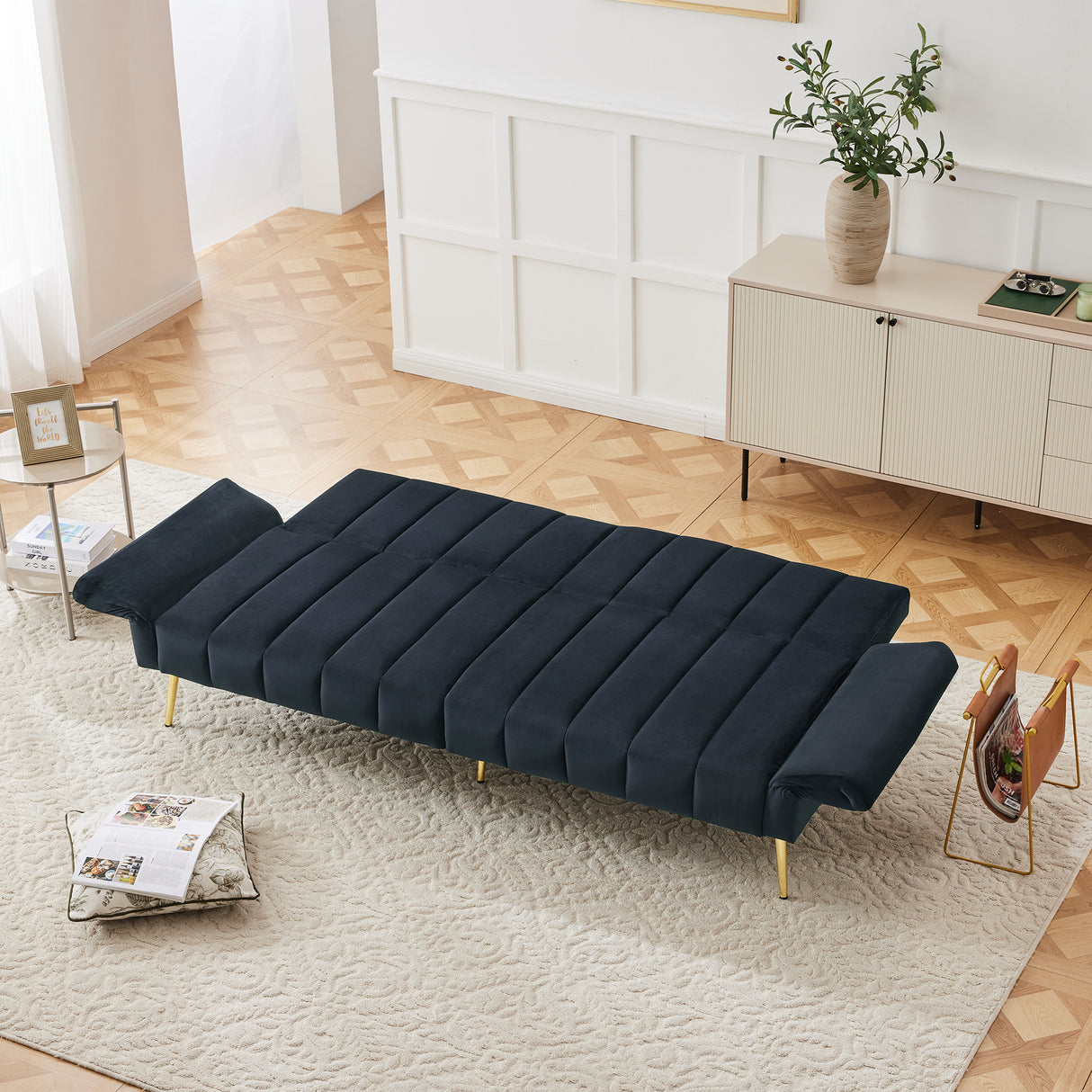 Modern Adjustable Velvet Sofa Bed with MultiPosition Backrest & Armrests, Metal Legs, Convertible Sleeper Function, Ideal for Living Room, Bedroom, Home Theater & Guest Room, Black, Video Included