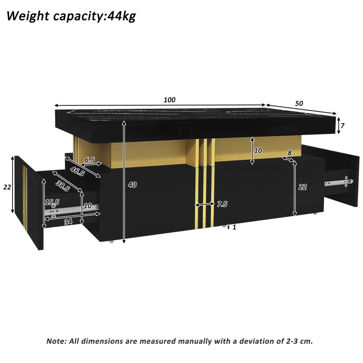 Black Rectangular Coffee Table - Marble Effect Top, 2 Wooden Drawers, 100x50x40cm