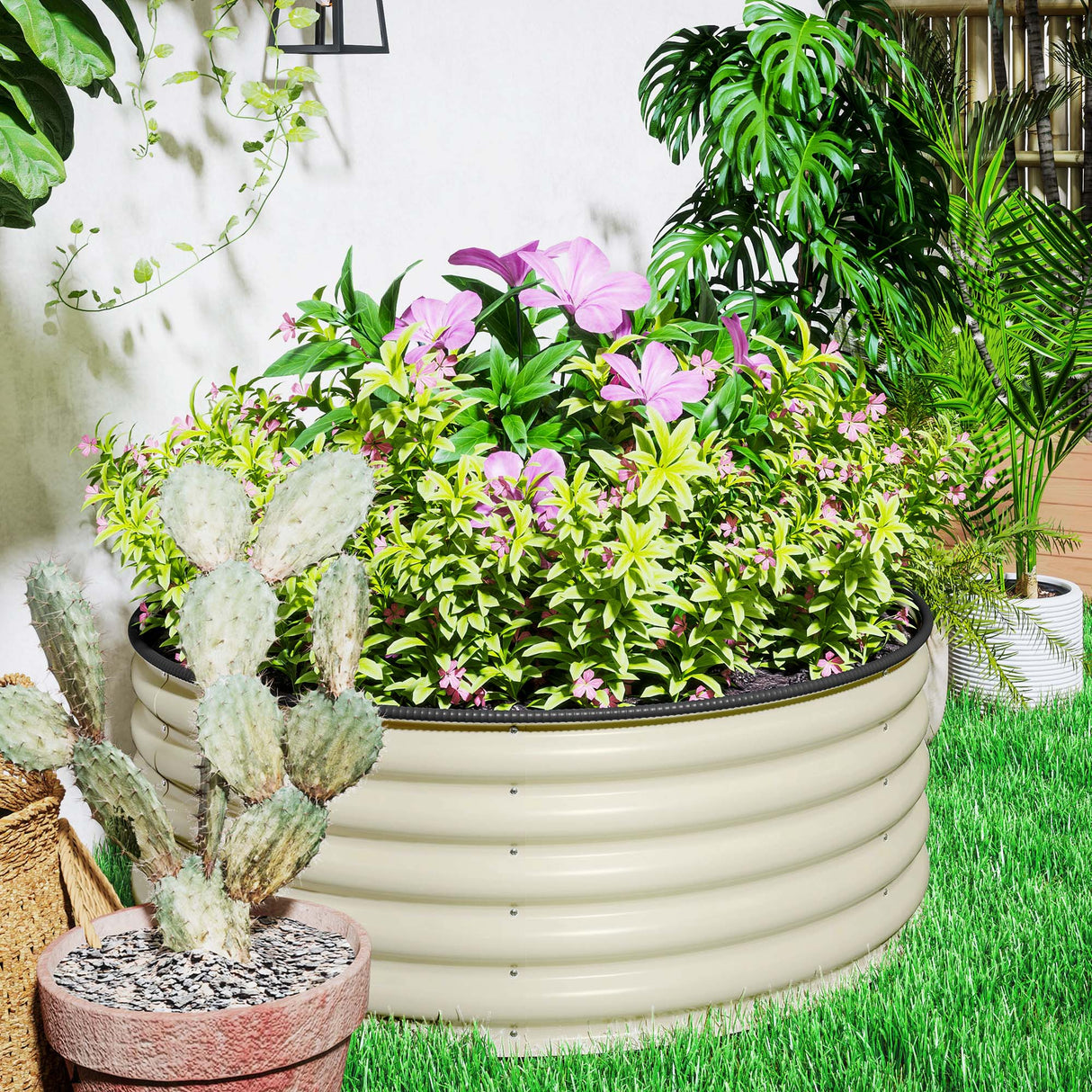 Galvanised Raised Garden Bed with Safety Edging, Outdoor Planter Box, Cream White