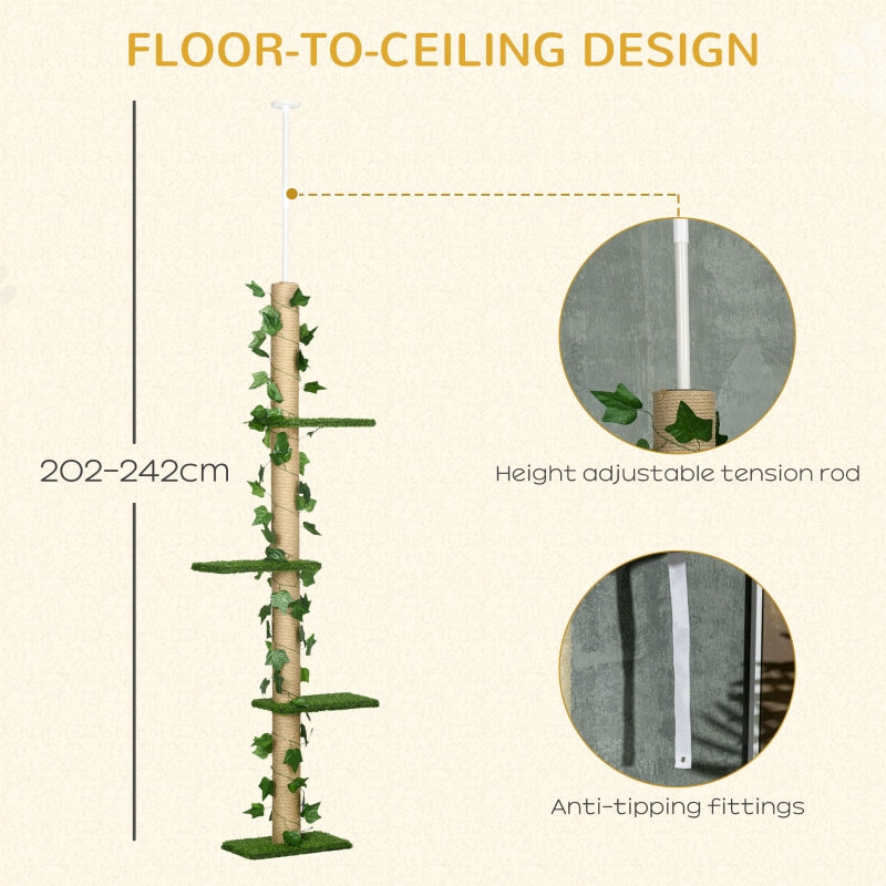 Cat Tree, 242cm Adjustable Floor-To-Ceiling with Perches, Anti-Slip Kit - Green