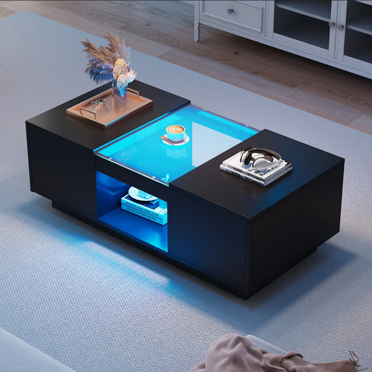 LED Coffee Table with Storage - 2 Tiers, 2 Drawers, Black