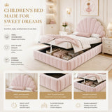 3ft Single Kids Storage Bed - Velvet Princess Bed with Shell-Shaped Padded Headboard & Hydraulic Lift-Up Storage, Pink