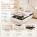 3ft Single Kids Storage Bed - Velvet Princess Bed with Shell-Shaped Padded Headboard & Hydraulic Lift-Up Storage, Beige
