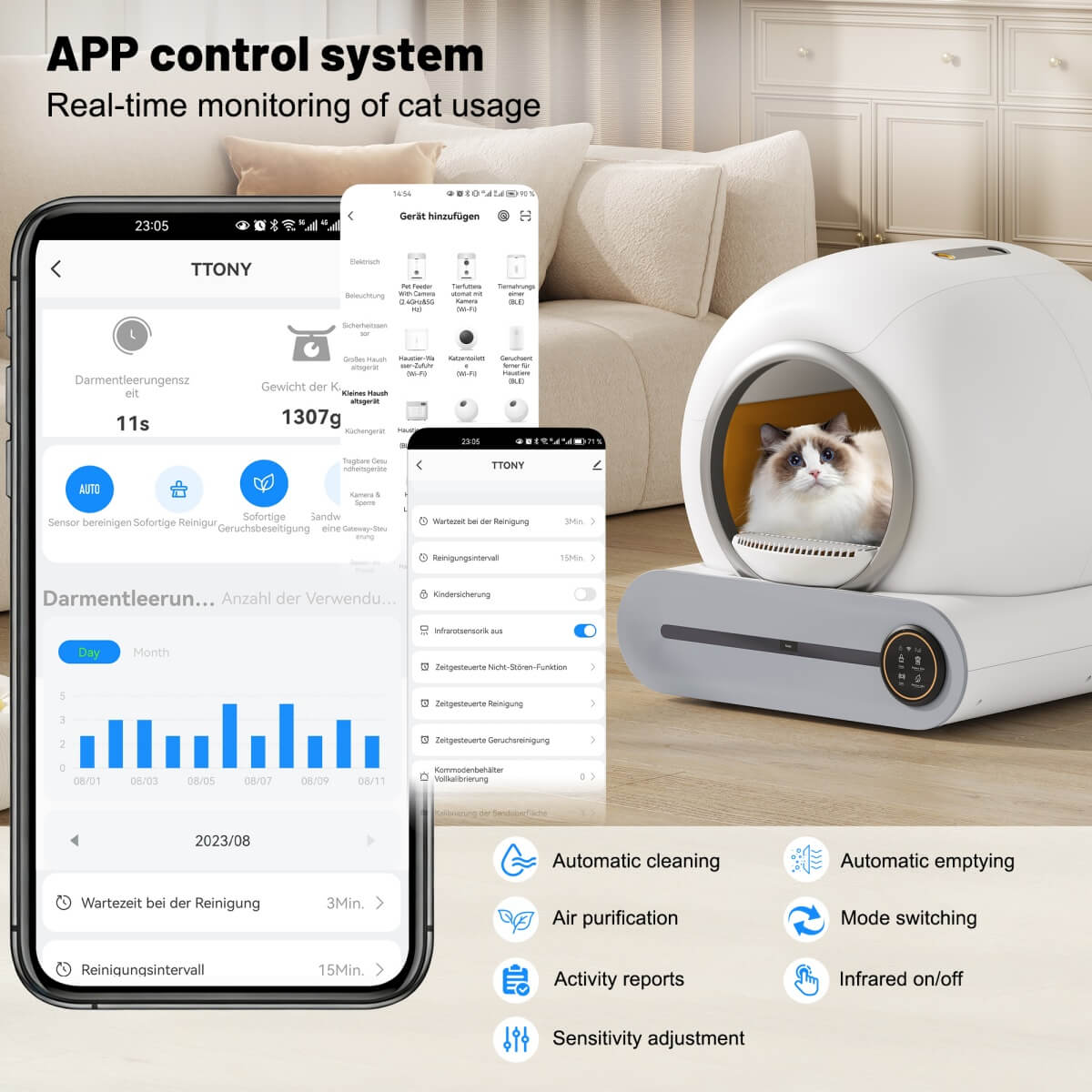 65L Automatic Cat Litter Box for Multiple Cats with App Control - Self-Cleaning Litter Tray with Odor Eliminator, Infrared Sensor & Child Lock