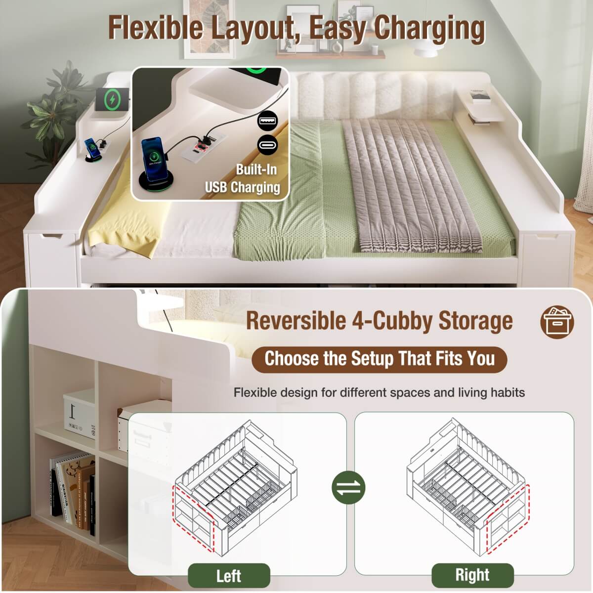 4ft6 Double Wooden Daybed with Side Storage Cabinet - Multifunctional Sofa Bed with USB and Type-C Charging Station, White