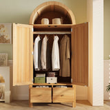 Rattan 2-Door Wardrobe with Arched Top - Hanging Rail, 2 Drawers and Magnetic Door Closures, Oak Effect