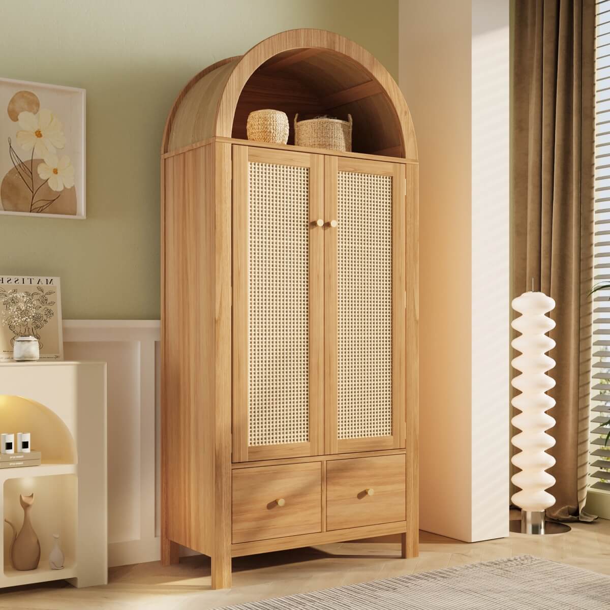 Rattan 2-Door Wardrobe with Arched Top - Hanging Rail, 2 Drawers and Magnetic Door Closures, Oak Effect
