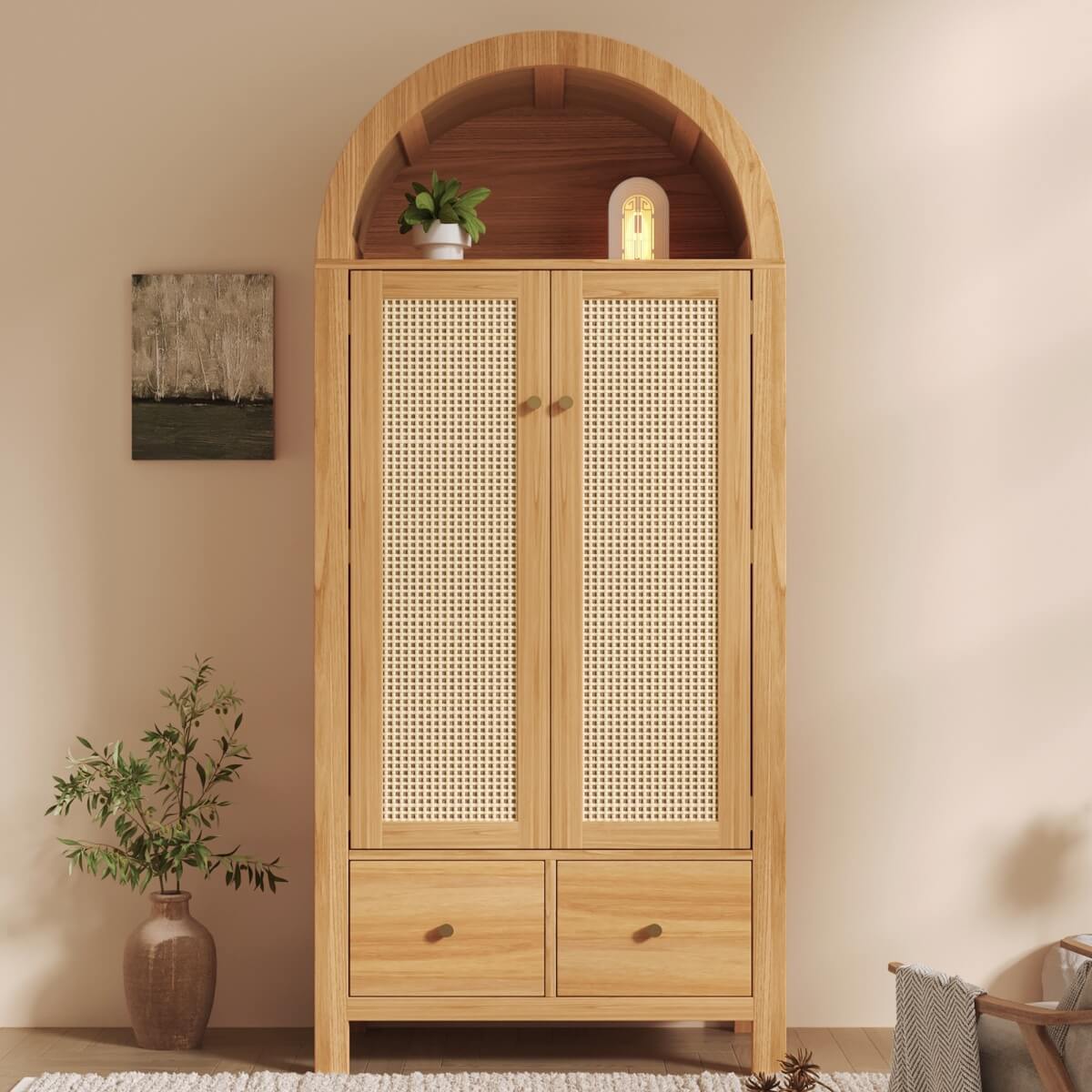Rattan 2-Door Wardrobe with Arched Top - Hanging Rail, 2 Drawers and Magnetic Door Closures, Oak Effect