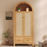 Rattan 2-Door Wardrobe with Arched Top - Hanging Rail, 2 Drawers and Magnetic Door Closures, Oak Effect