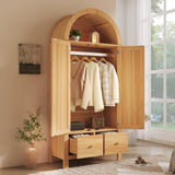 Rattan 2-Door Wardrobe with Arched Top - Hanging Rail, 2 Drawers and Magnetic Door Closures, Oak Effect