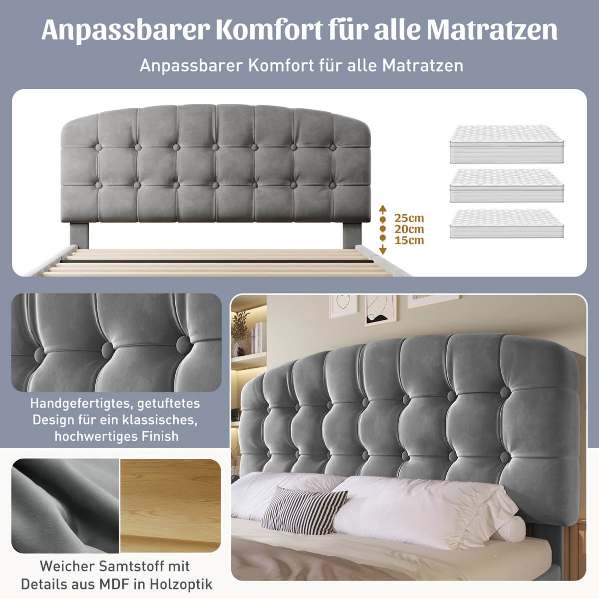 4ft6 Double Velvet Storage Bed - Upholstered Bed Frame with Drawers and Adjustable Headboard, Grey