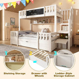 Solid Wood Kids Bunk Bed with Staircase – 90×190cm Top & 135×190cm Bottom, Storage Drawers and Chalkboard