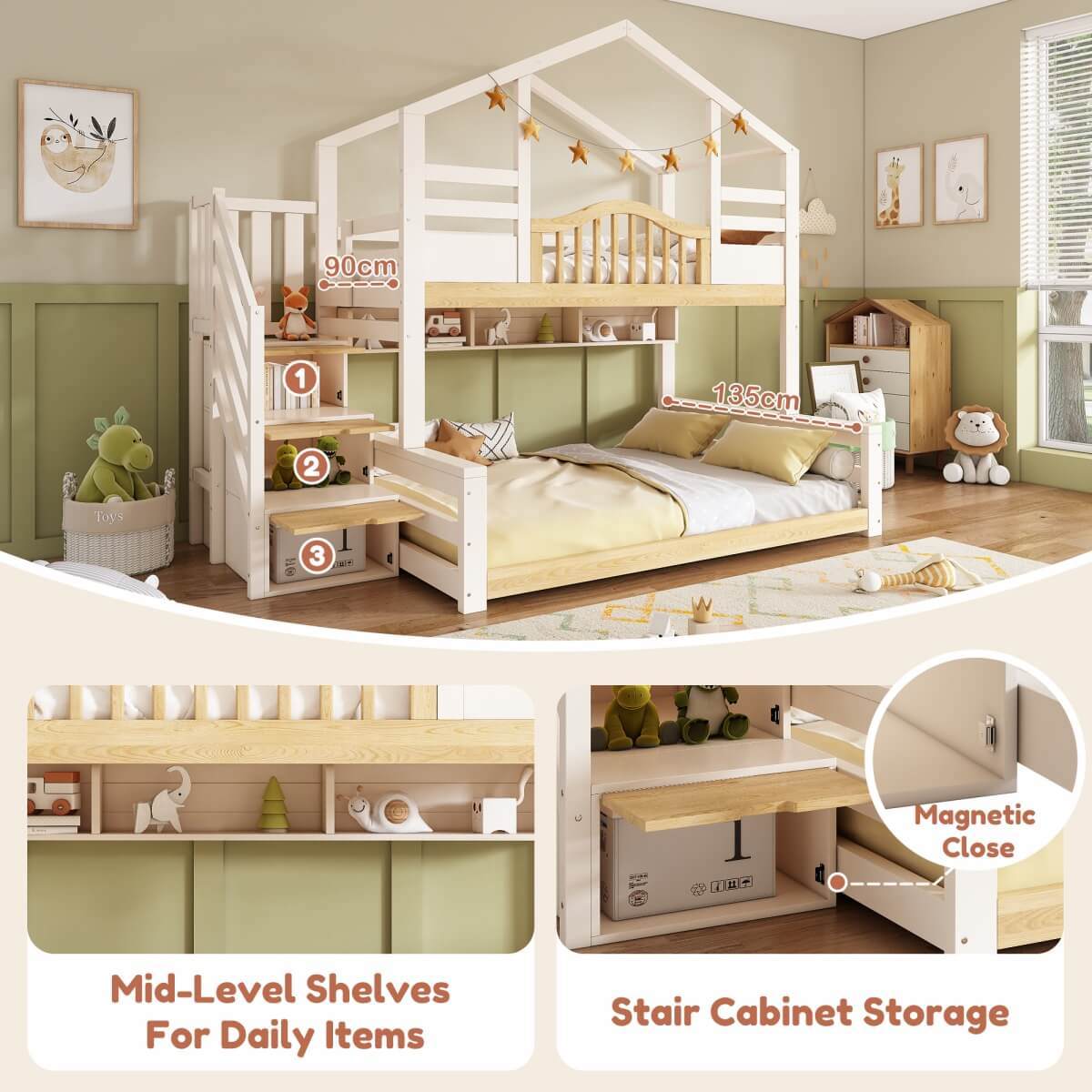 Kids Bunk Bed with Stairs - Storage Drawers, House Design, Solid Wood, White and Natural