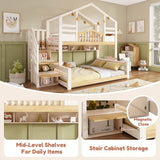 Kids Bunk Bed with Stairs - Storage Drawers, House Design, Solid Wood, White and Natural