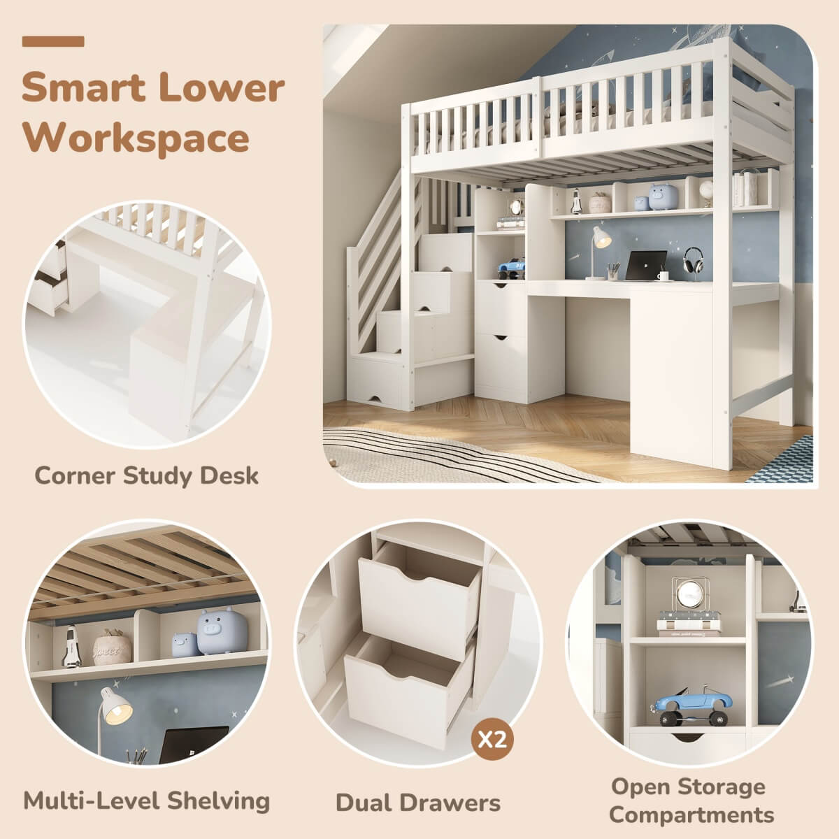 Single High Sleeper Bed with Desk and Storage Stairs - Wooden Loft Bed with Large Corner Desk, Shelves and Safety Guard Rails, White
