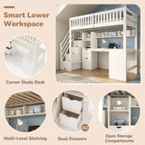 Single High Sleeper Bed with Desk and Storage Stairs - Wooden Loft Bed with Large Corner Desk, Shelves and Safety Guard Rails, White