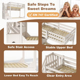 Kids Bunk Bed with Storage Stairs - Solid Wood Bunk Beds with 3 Open Shelves and Wraparound Safety Rails, White