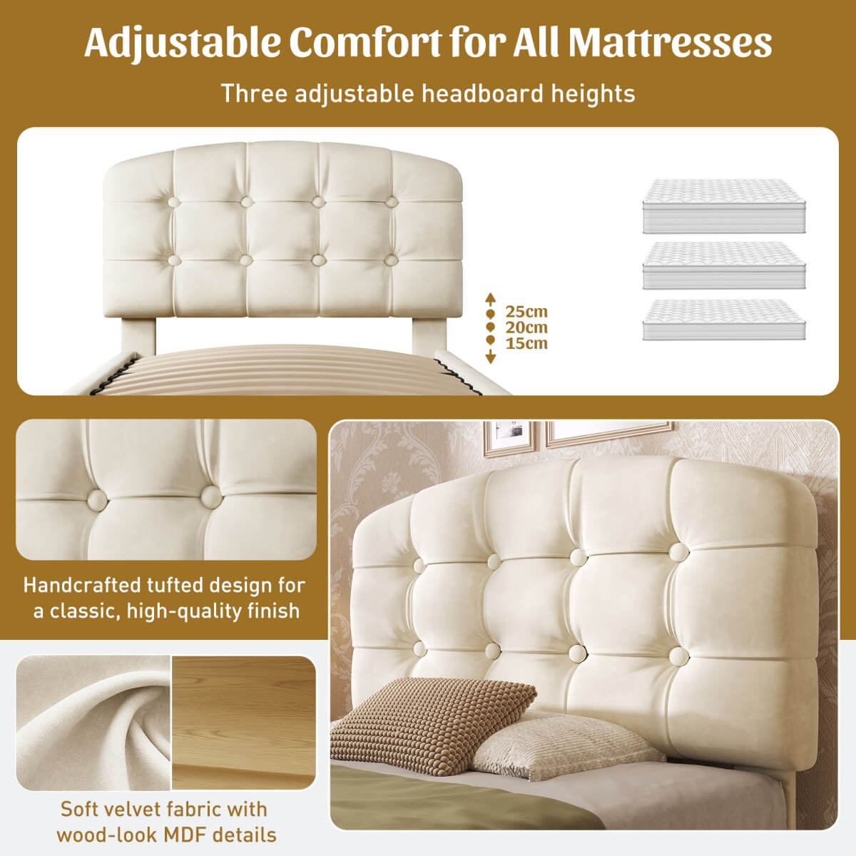 3ft Single Velvet Storage Bed - Upholstered Bed Frame with Drawers and Adjustable Headboard, Beige
