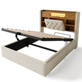 4ft6 Double Upholstered Storage Bed with Hydraulic Lift - LED Lighting & Charging Station, Linen, Beige