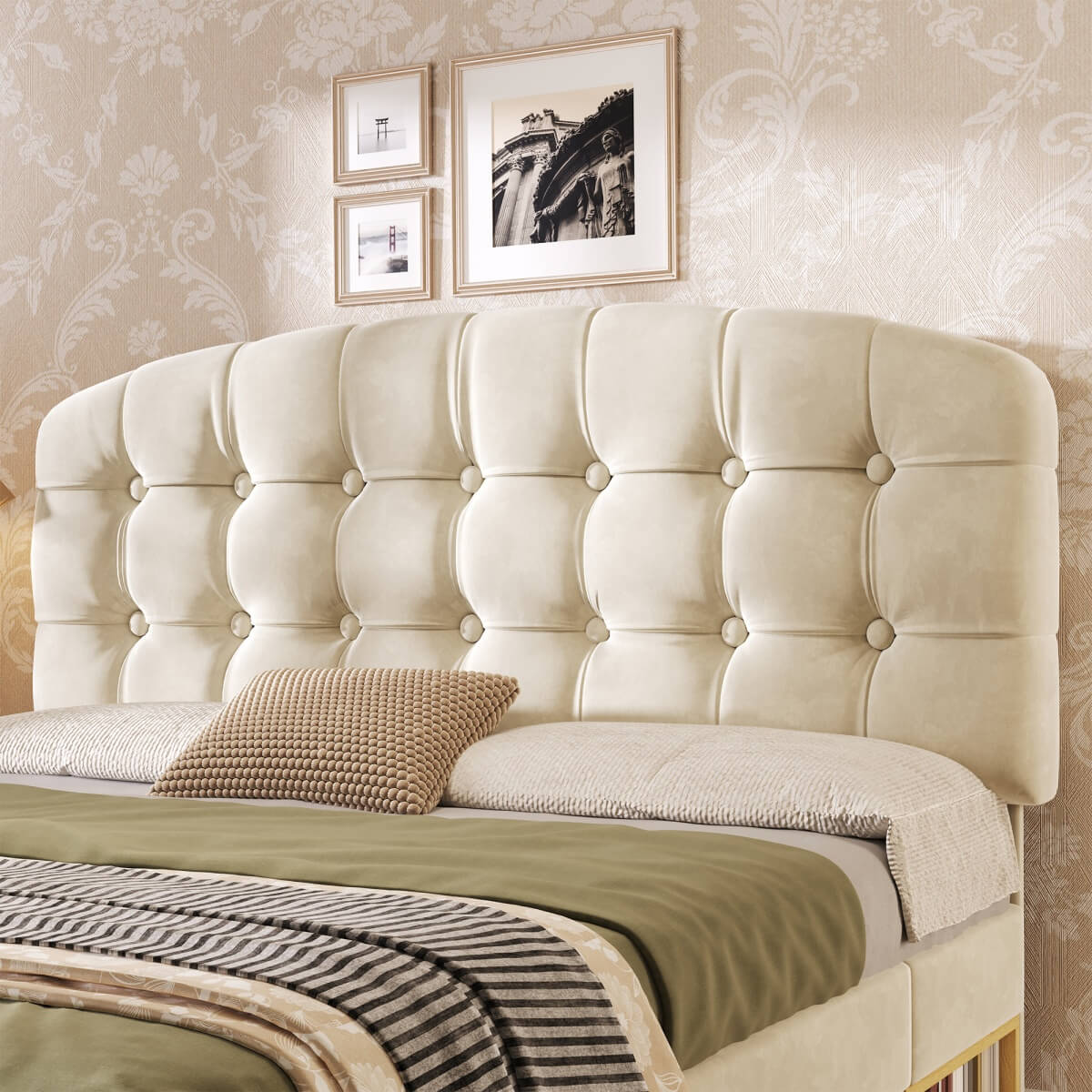 4ft6 Double Velvet Storage Bed - Upholstered Bed Frame with Drawers and Adjustable Headboard, Beige