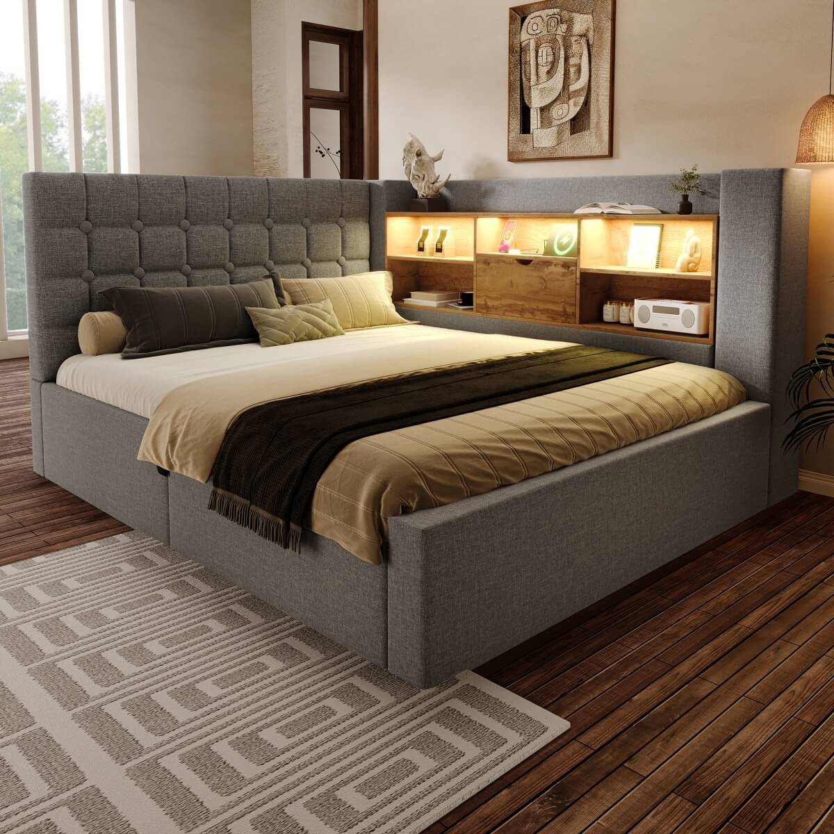 4ft6 Double Upholstered Sofa Bed with Hydraulic Storage - Linen Daybed with USB and Type-C Charging Station, Grey