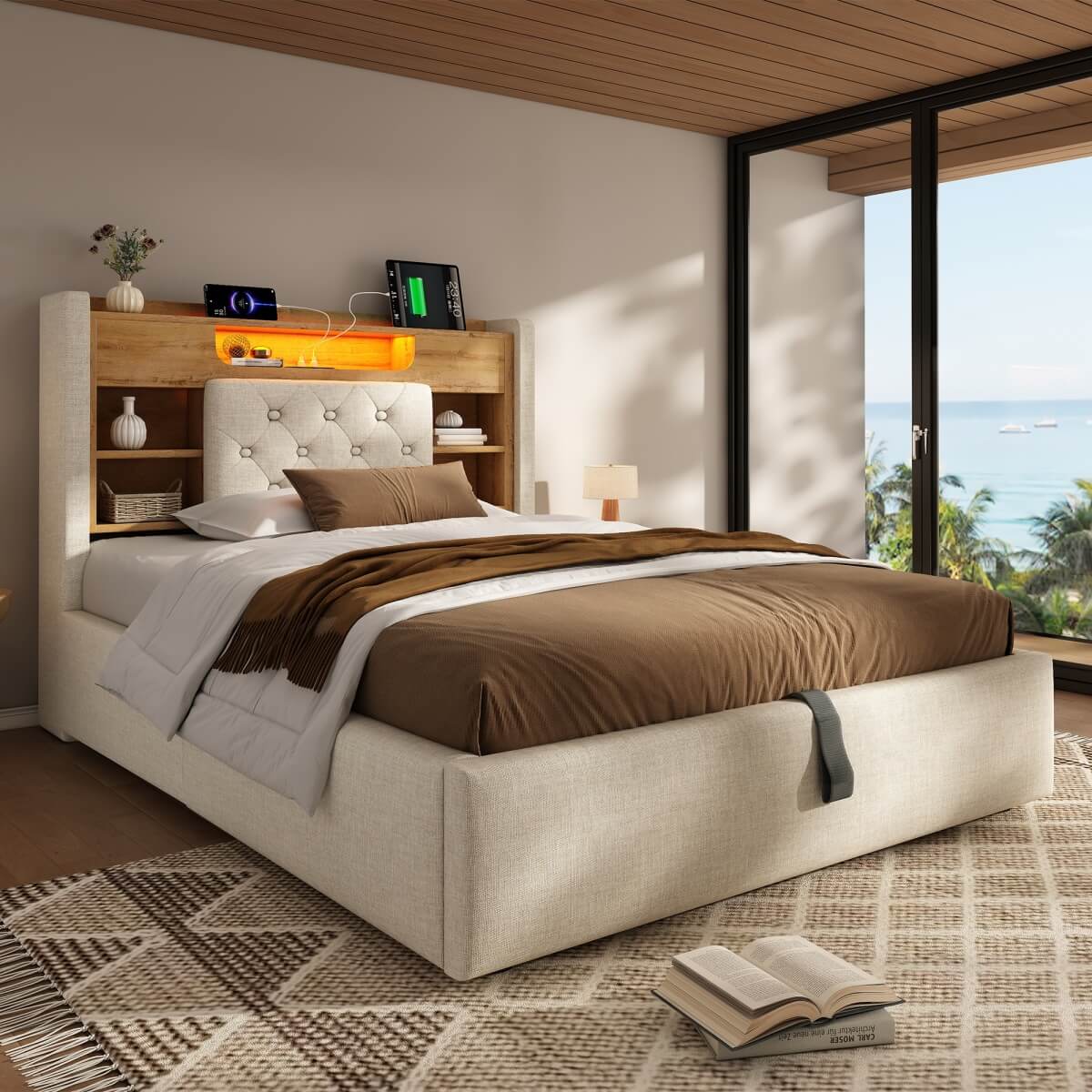 4ft6 Double Upholstered Storage Bed with Hydraulic Lift - LED Lighting & Charging Station, Linen, Beige