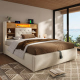 4ft6 Double Upholstered Storage Bed with Hydraulic Lift - LED Lighting & Charging Station, Linen, Beige