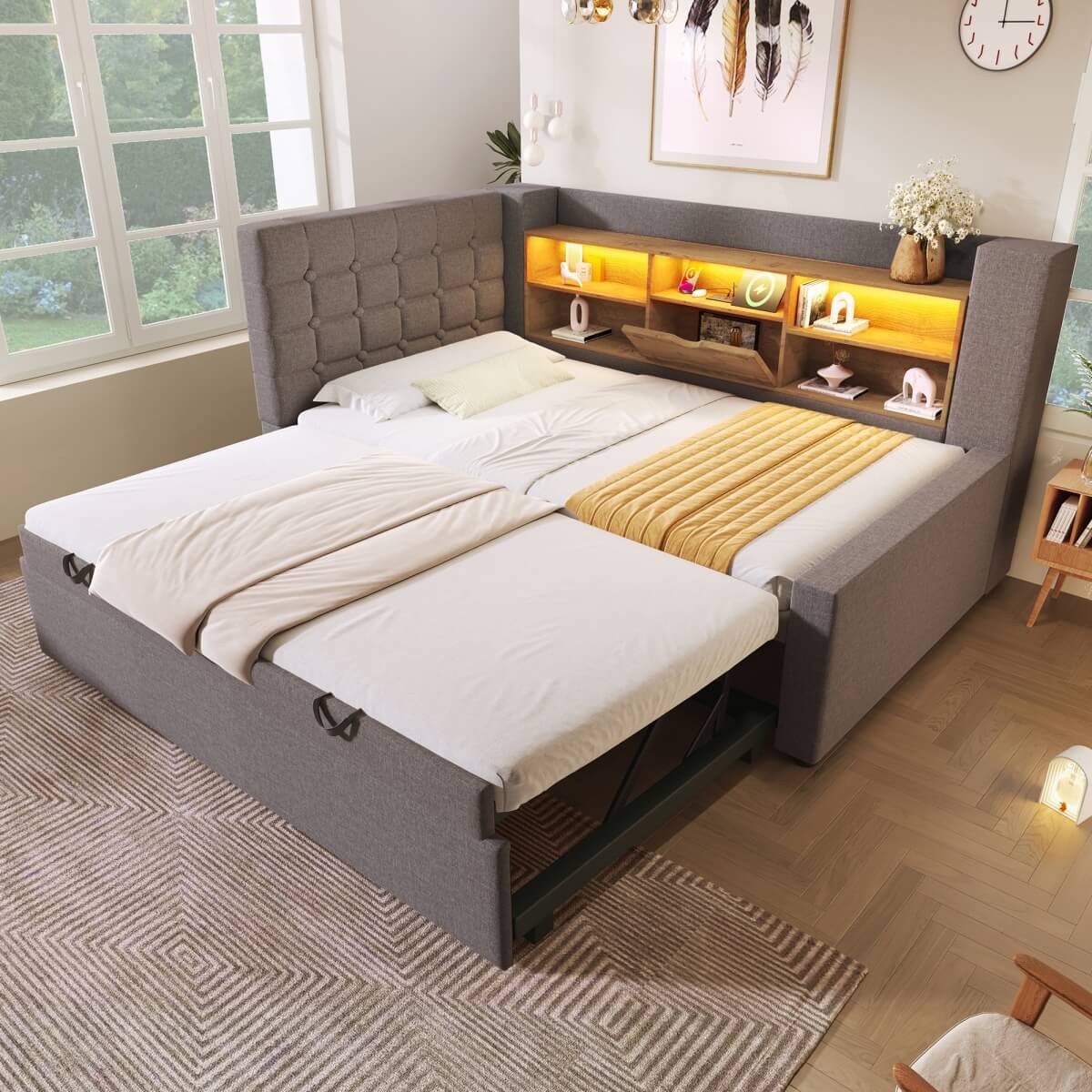 3ft Single Upholstered Sofa Bed with Storage - Linen Daybed with Pull-Out Trundle, USB and Type-C Charging Station, Grey