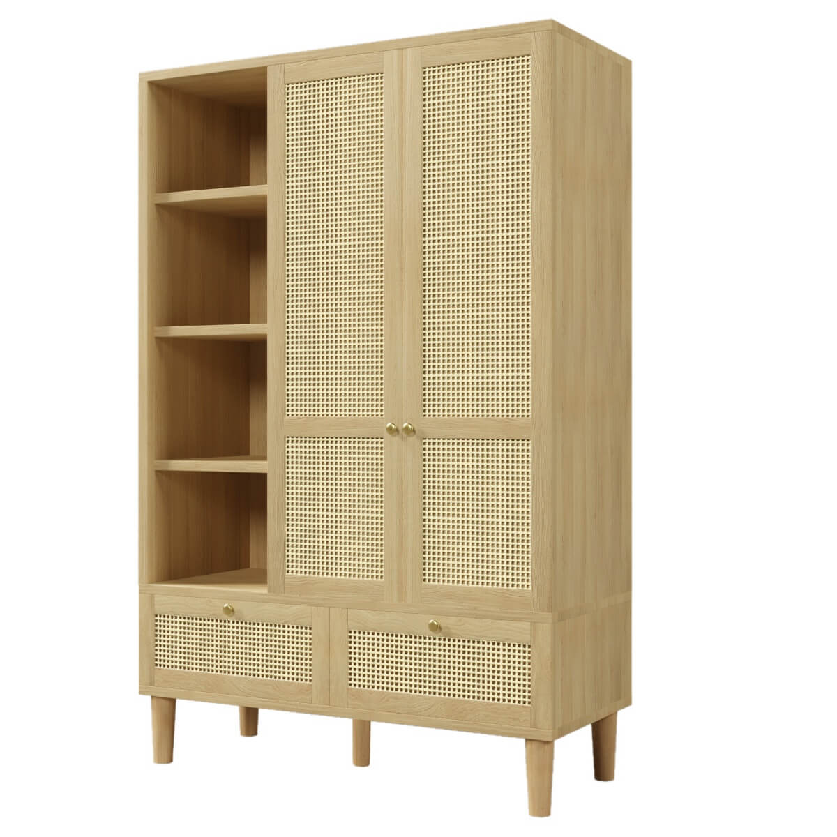 Rattan 2-Door Wardrobe - Hanging Rail, 4 Storage Shelves, 2 Drawers and Anti-Tip Device, Oak Effect