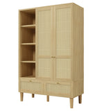 Rattan 2-Door Wardrobe - Hanging Rail, 4 Storage Shelves, 2 Drawers and Anti-Tip Device, Oak Effect