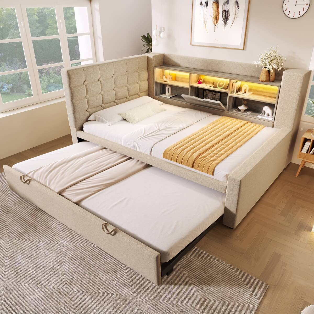3ft Single Upholstered Sofa Bed with Storage - Linen Daybed with Pull-Out Trundle, USB and Type-C Charging Station, Beige