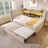 3ft Single Upholstered Sofa Bed with Storage - Linen Daybed with Pull-Out Trundle, USB and Type-C Charging Station, Beige