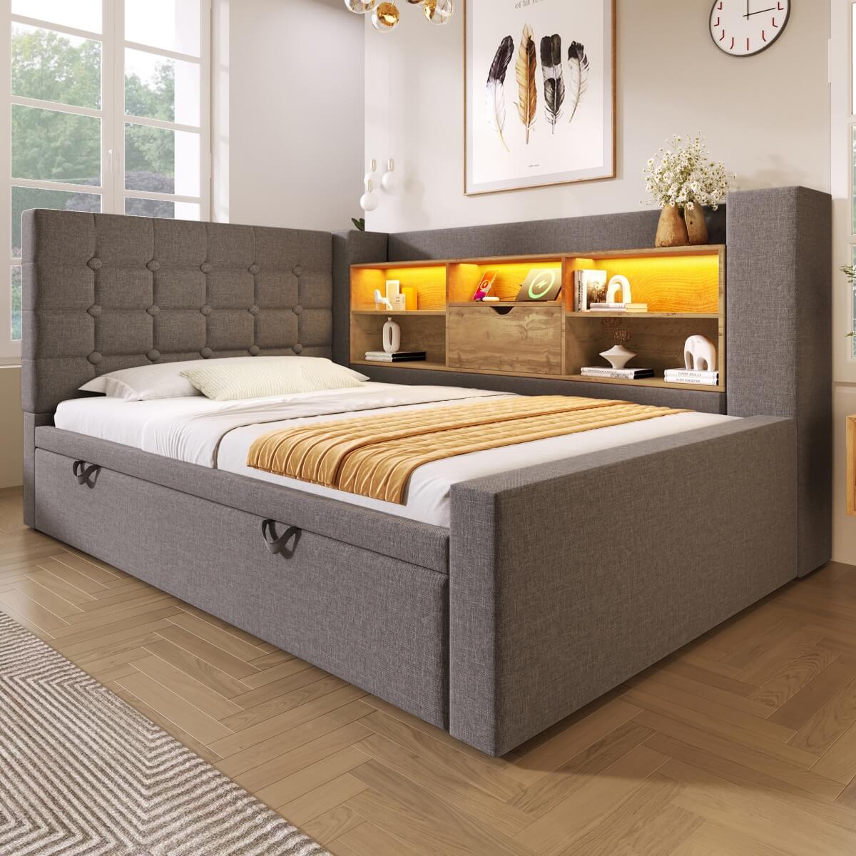 3ft Single Upholstered Sofa Bed with Storage - Linen Daybed with Pull-Out Trundle, USB and Type-C Charging Station, Grey
