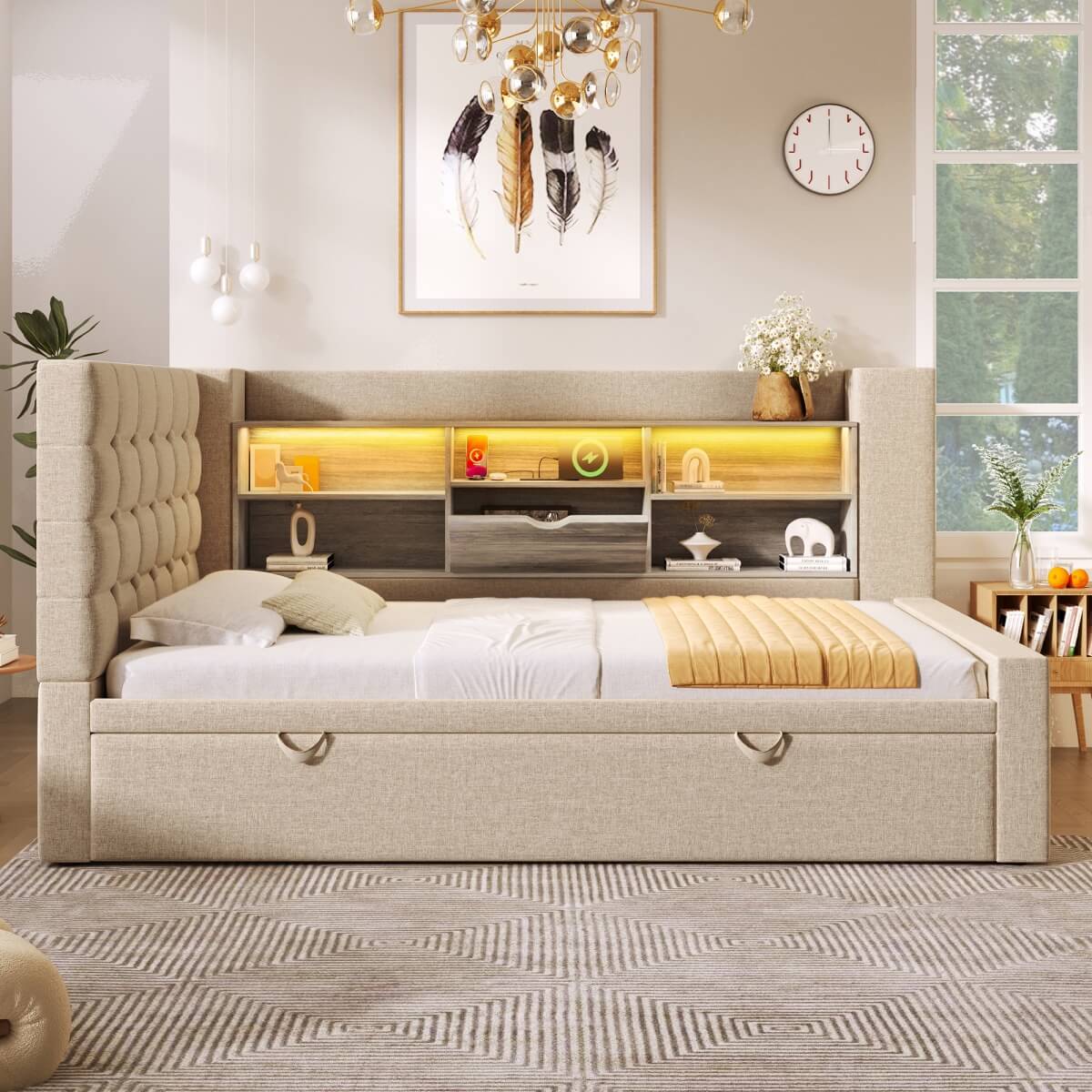 3ft Single Upholstered Sofa Bed with Storage - Linen Daybed with Pull-Out Trundle, USB and Type-C Charging Station, Beige