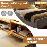 4ft6 Double Upholstered Sofa Bed with Hydraulic Storage - Linen Daybed with USB and Type-C Charging Station, Grey