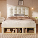 3ft Single Velvet Storage Bed - Upholstered Bed Frame with Drawers and Adjustable Headboard, Beige