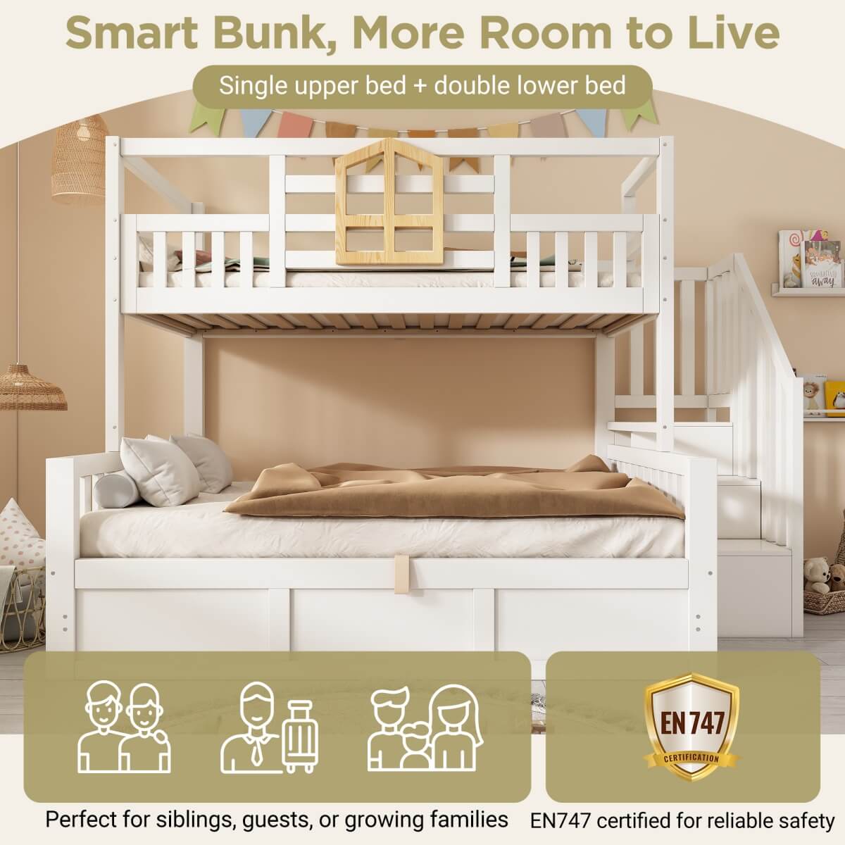 Kids Staircase Bunk Bed with Storage - Wooden Double Bunk Bed with Hydraulic Storage Cubes, White