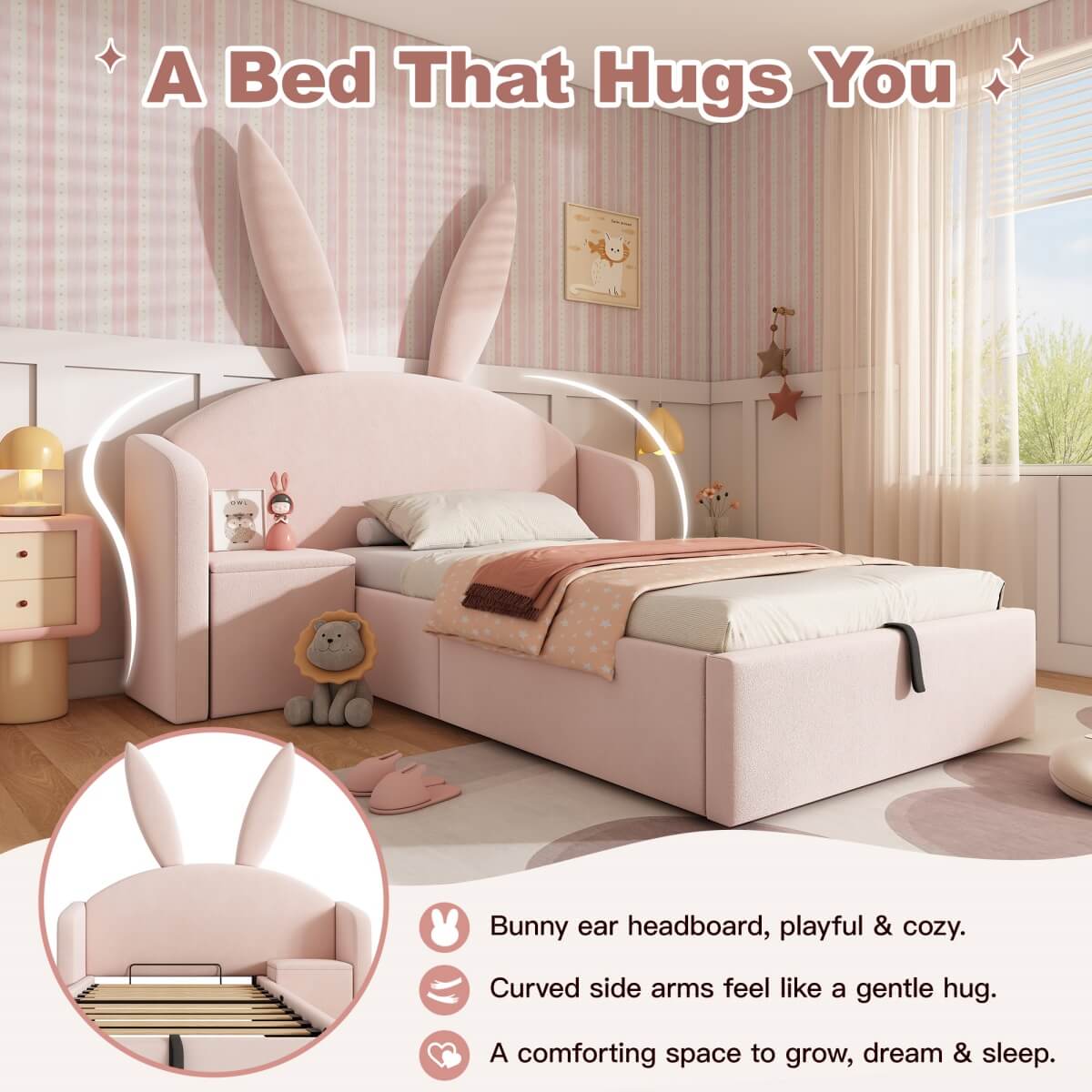 3ft Bunny Ears Kids Storage Bed with Hydraulic Lift & Bedside Shelf - Upholstered Single Bed, Rose